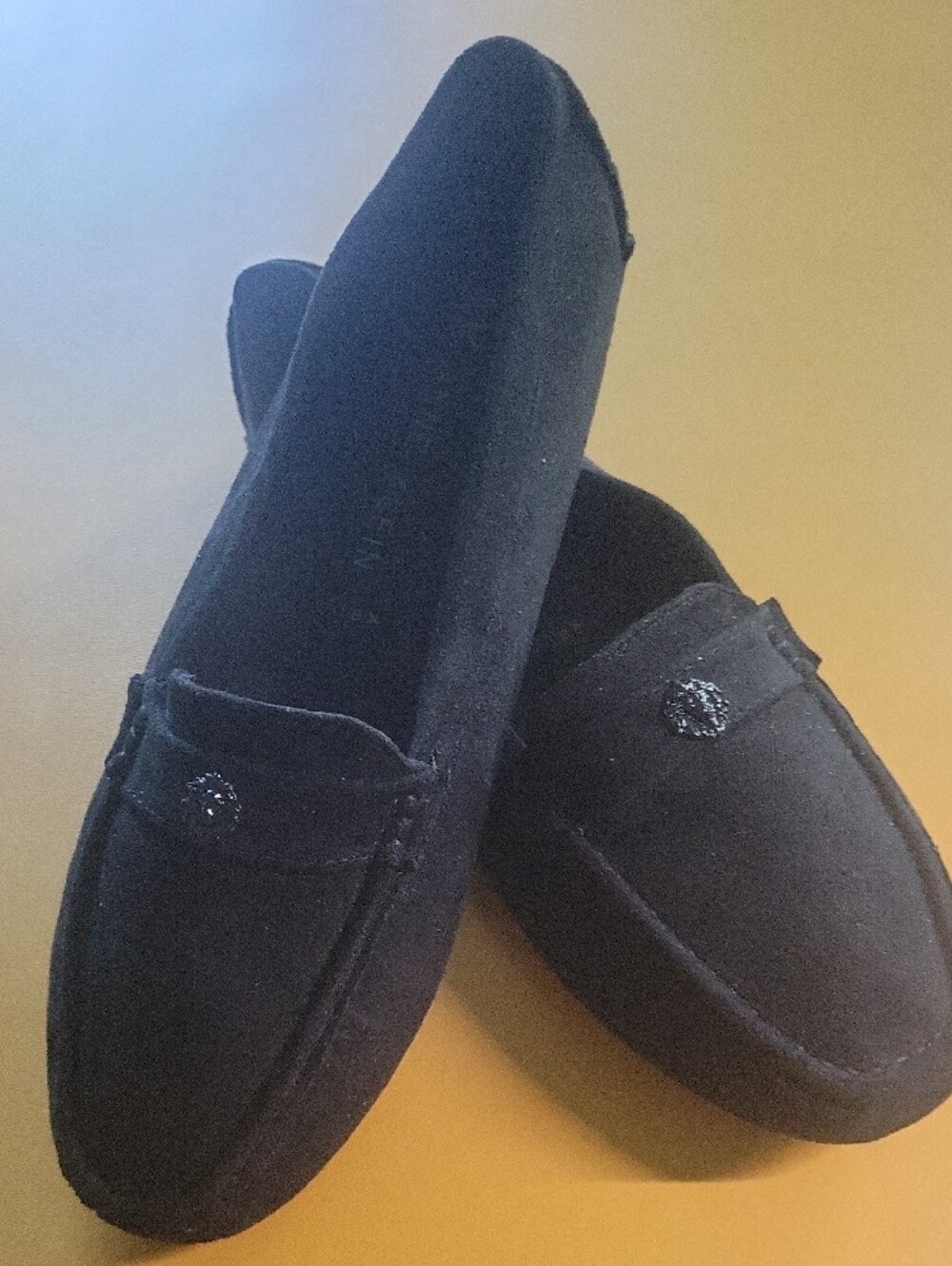 NWOT Anne Klein Black Suede Penny Loafers with Decorative Emblem - Picture 10 of 12